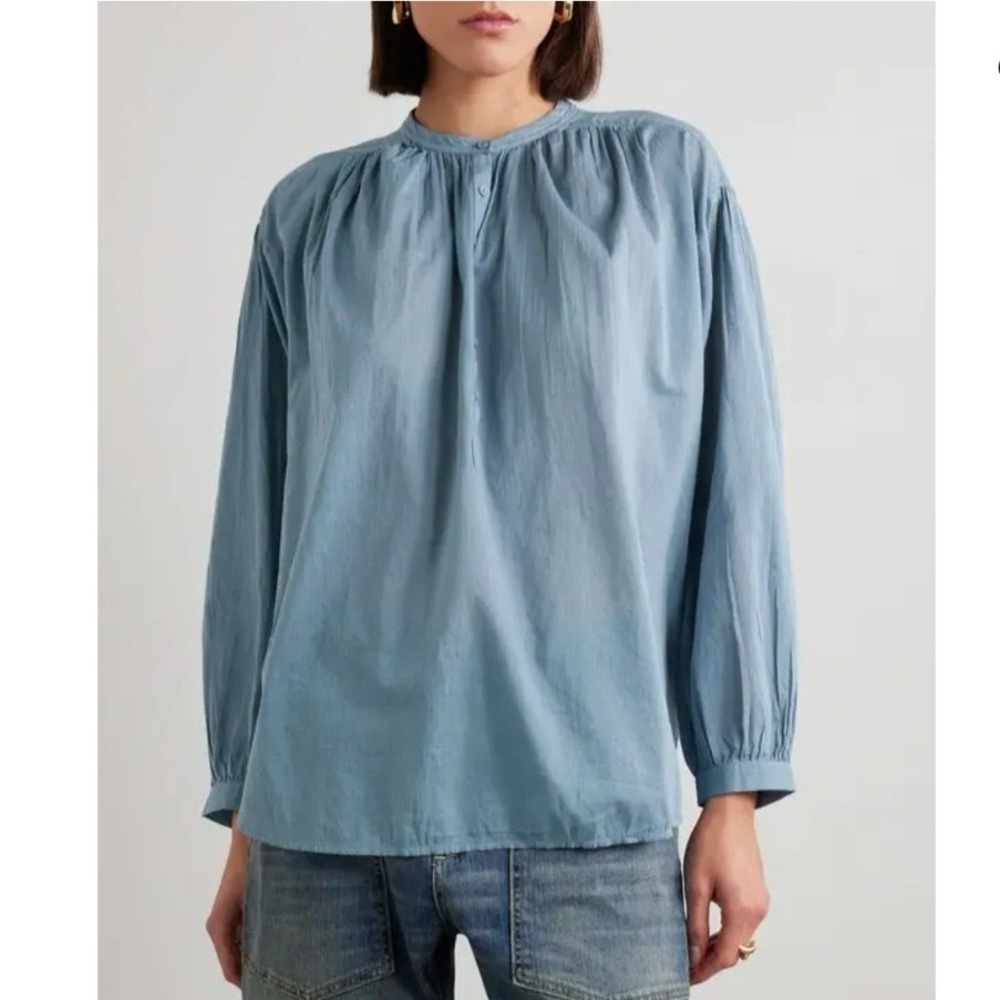 Nili Lotan Neville Blouse Womens Medium Blue Cotton Voile Gathered Henley Top